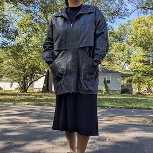 Vintage 90s Black Leather Long Hooded Jacket by The Connection New York